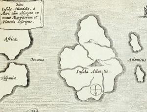 17世纪一份雕刻艺术品上的亚特兰蒂斯古城位置图