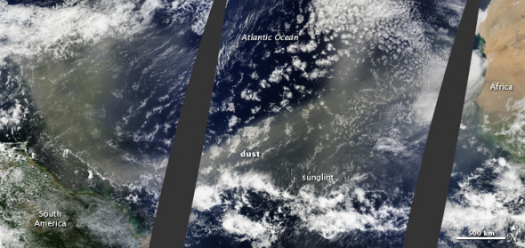 卫星图片显示撒哈拉沙漠沙尘暴已吹越大西洋