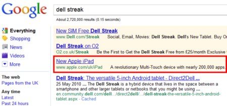 图为在Google.co.uk搜索“Dell Streak”时的广告截屏