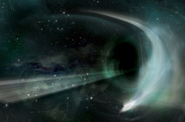 黑洞在吞噬恒星之后放射出等离子喷流。这一壮观的景象在距离地球40亿光年的太空区域上演