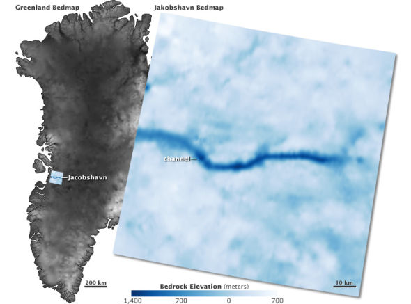 每日卫星照：雅各布冰川下面的深谷(图)