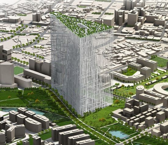 台中台湾塔的效果图。这是一座钢结构建筑，顶部建造一个花园，由东京建筑师藤本壮介设计