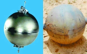 　新的火箭燃料箱(左)和纳米比亚“神秘太空球体”(右)。