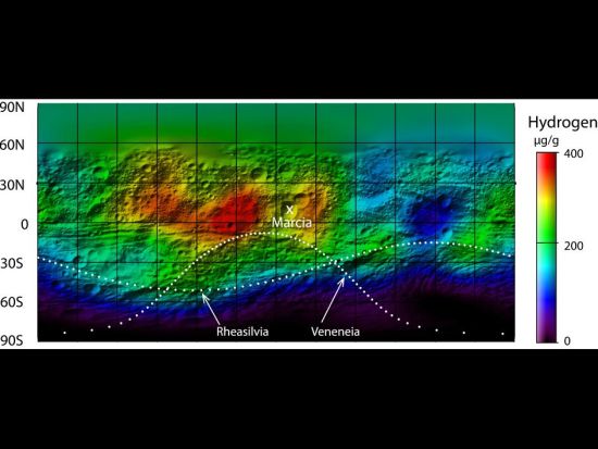 这张图像同样是根据美国宇航局黎明号探测器数据构建而成，显示的是在灶神星表面氢原子信号的全球分布