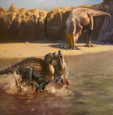 艺术家的想象图，索伦龙Sauroniops正在掠食年幼的棘龙，其余的棘龙四散奔逃