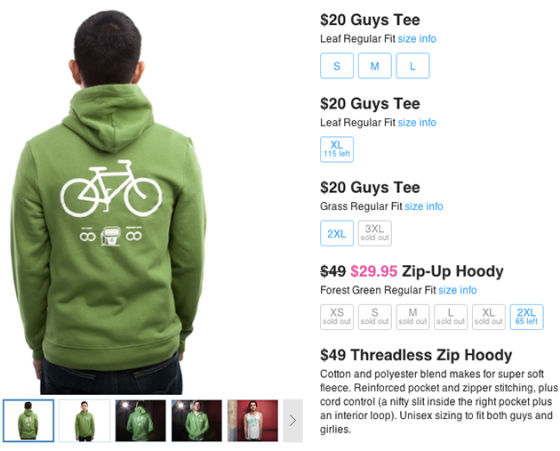 Threadless在用户选择之前按尺码分别显示库存数据