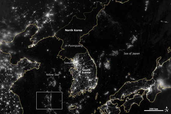 每日卫星照：朝鲜半岛夜晚灯光对比明显(图)朝鲜半岛卫星
