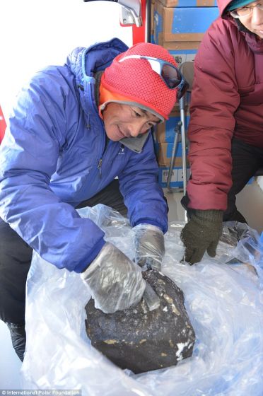 为了防止被污染，探险队一名成员正用一块塑料布把这块18公斤重的陨石密封起来