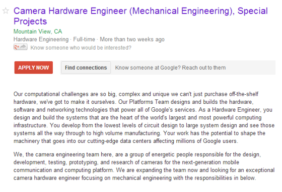 谷歌招聘页面对“镜头硬件机械工程师”的描述 谷歌招聘页面对“镜头硬件机械工程师”的描述