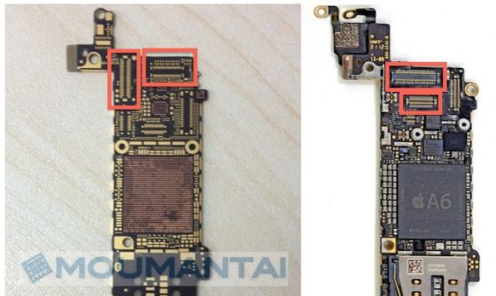 疑似iPhone 5S（图左）与吸纳有iPhone 5主板对比，可见到结构基本一致，但排线接口有所区别。