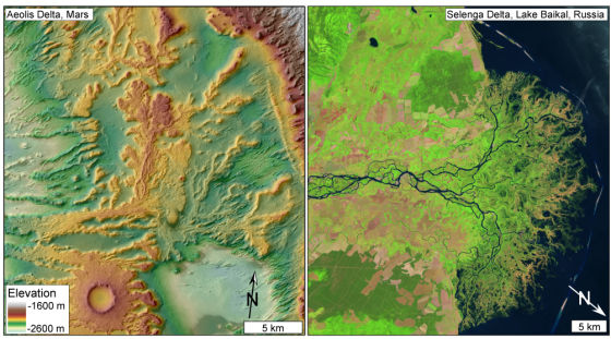 两颗行星的对比:左侧:彩色地形图，展示在火星Aeolis Dorsa地区一片被科学家们认为是古代河流冲击三角洲的区域;右侧:一个地球上的现代河流冲击三角洲卫星图像