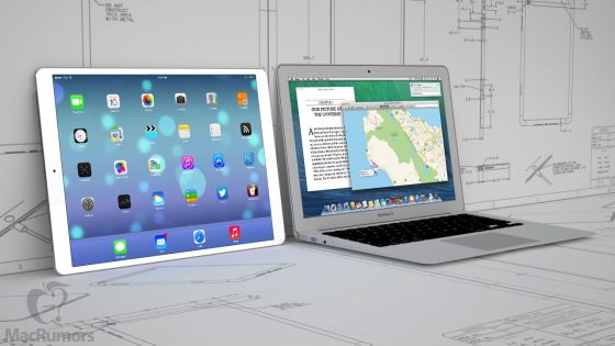 12.9英寸iPad(左)与13.3寸的Macbook Air笔记本(右)，以及7.9寸iPad mini(下)