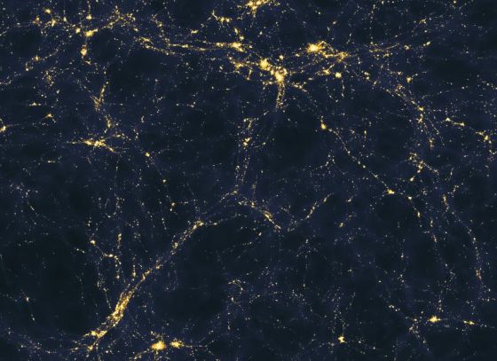 这是一个计算机模拟结果，显示的是在大尺度上（直径5000万光年）早期宇宙中光线是如何传播的。天文学家们相信他们很快将能够判断这一计算机模拟的结果是否正确地描述了真实宇宙中的情景