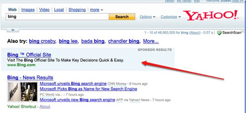 微软Bing在谷歌和雅虎搜索页面打广告(图)