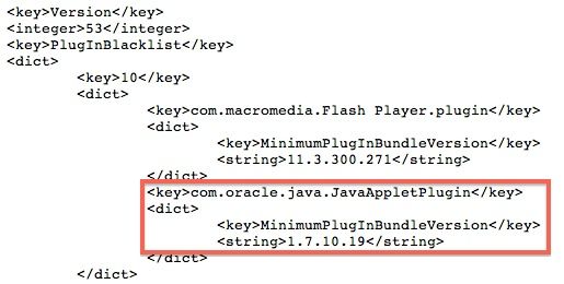 苹果更新Xprotect.plist黑名单文件，更新后的文件要求Java的最低版本为1.7.0_10-b19，而目前最新的Java 7版本为1.7.0_10-b18，这意味着目前Mac电脑中已经安装的Java会自动被禁用