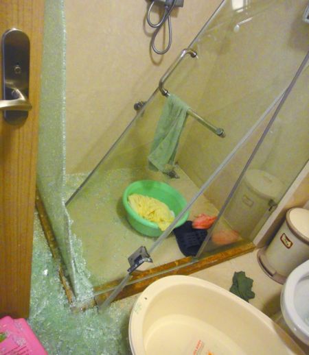   The glass door on one side of the shower room was almost broken. Photos provided by citizens