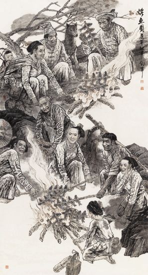 中国画-烤鱼图。邓军作品 中国画-烤鱼图。邓军作品