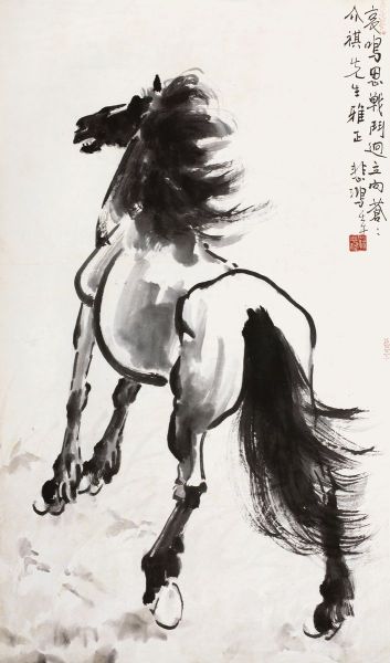 徐悲鸿 立马 纸本设色 立轴 82×48cm，32 14×18 78in，约3.5平尺