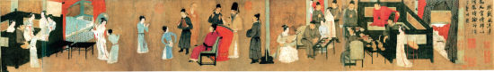 图5 《韩熙载夜宴图》中五代时期人物所系腰带用黑色织物包裹 图5 《韩熙载夜宴图》中五代时期人物所系腰带用黑色织物包裹
