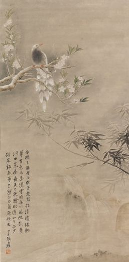 张大千《桃花翠鸟》