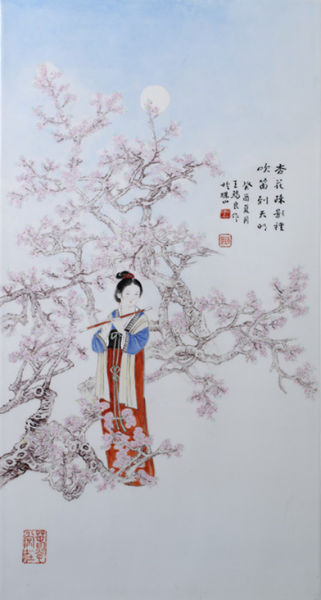 粉彩《杏花吹笛诗意》图人物瓷板