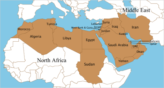 中东和北非国家示意图