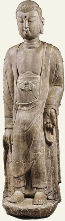 卢氏经手隋代灰色大理石释迦牟尼佛立像，高140厘米。2009年6月11日在巴黎苏富比以73.28万欧元易主，约合人民币750万元