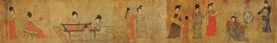 《挥扇仕女图》，传为唐周昉绘，绢本，设色，纵33.7cm，横204.8cm，故宫博物院藏。