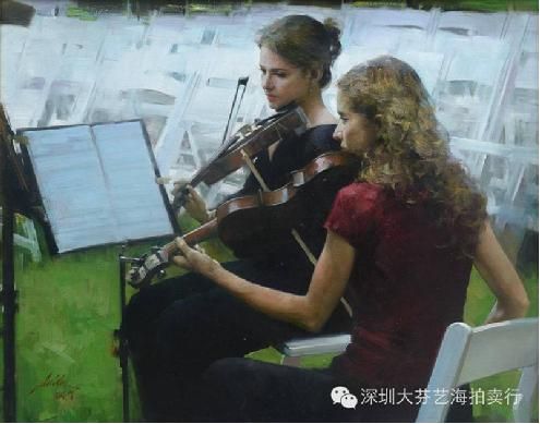 何岸《练习曲》 布面油画 2012年 75X61cm ps:美国时期的生活经历对何岸肖像画题材画作的影响最为深刻，加州一家销售他画作最多的画廊老板帕翠西亚·特维利葛的评价最具代表性。他的画中人都有一份优雅，体现了美好的内涵。