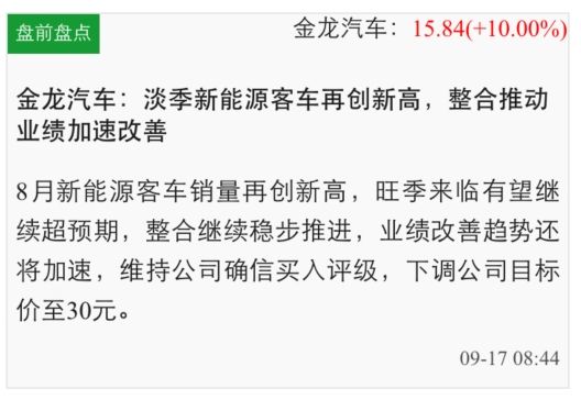 中金金网i牛股金龙汽车强势涨停 领军两市反弹