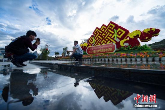 拉萨市民在药王山公园的立体花雕前拍照留念。 花雕扮靓拉萨 古城“雪顿节”气氛渐浓