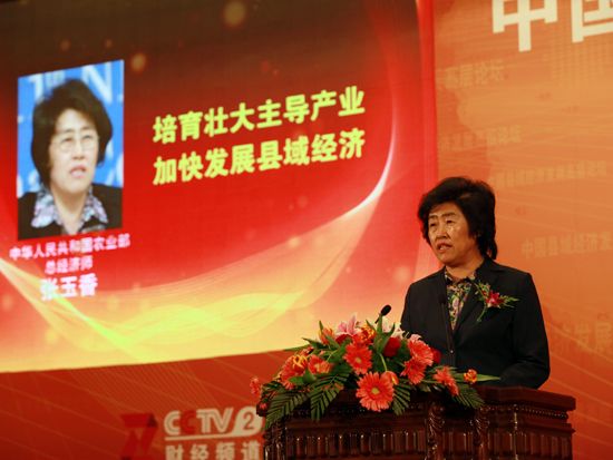 由中央电视台财经频道主办的“中国县域经济发展高层论坛”于2010年12月19日在北京人民大会堂举行。上图为农业部总经济师张玉香。(图片来源：新浪财经 梁斌 摄)