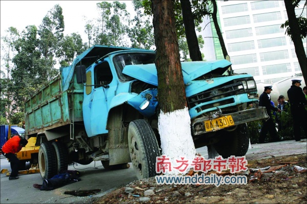 泥头车撞死路人后再撞大树.本报记者谭伟山摄