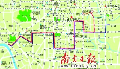 红线部分为154路公交车更改后的路线图.资料图片