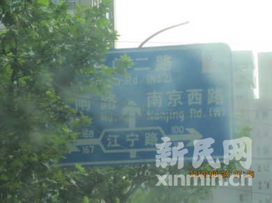 江宁路道路指示牌被树叶遮挡影响司机视线 绿