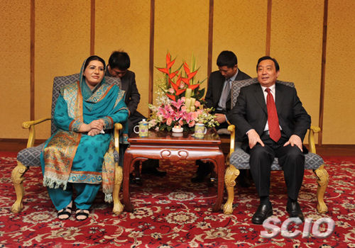 王晨会见巴基斯坦新闻广播部部长阿旺女士一行（国新办吴晓山摄影）