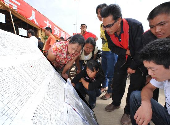 图文:受灾青年在绵竹市劳务市场寻找用工信息