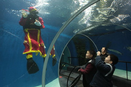 组图：上海海洋水族馆潜水员扮成福神送福