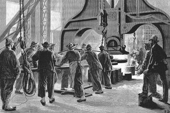 1883年，江南制造局的工人们在焊接机枪盘管（《伦敦新闻画报》报道）