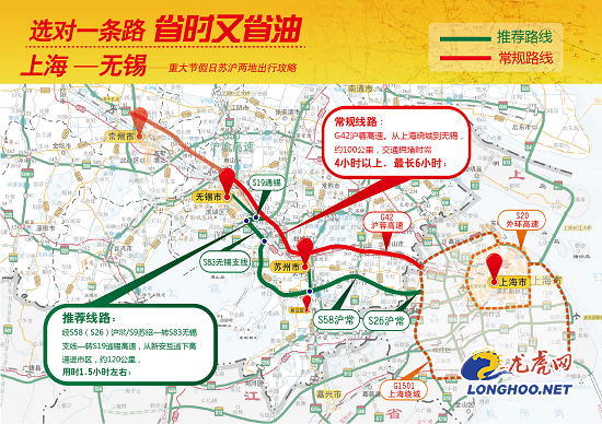 推荐线路:经s58(s26)沪常高速/s9苏绍高速,转s83无锡支线,转s19通