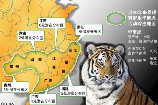 华南虎潜在分布区; 难得一见的野生华南虎