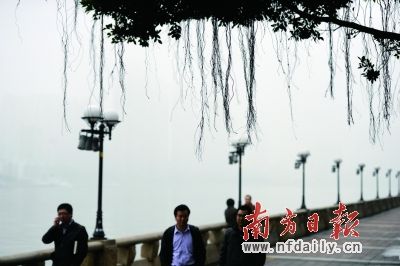 近期的广州大雾弥漫，湿度加大，珠江边放眼望去茫茫一片。 南方日报记者 丁玎 摄