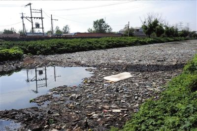 在小清河房山与丰台两区交界处的一段河道，4米多宽的河面几乎完全被垃圾占据。