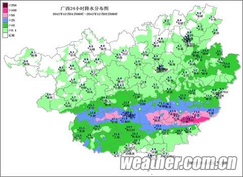 2012年12月1日08时~2日08时广西降雨分布图