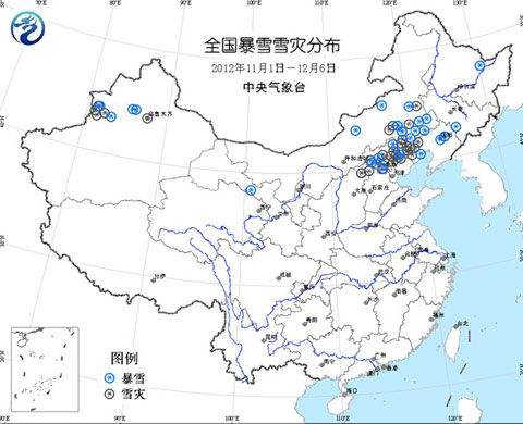 2012年11月1日至12月6日全国暴雪雪灾分布图