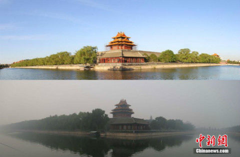 10月10日，北京故宫角楼被雾霾笼罩，与蓝天白天映衬下的角楼形成了鲜明的对比。