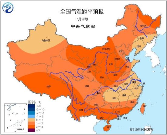 3月中旬全国气温距平预报