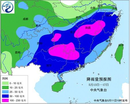 降雨量预报图（5月13日至17日） 