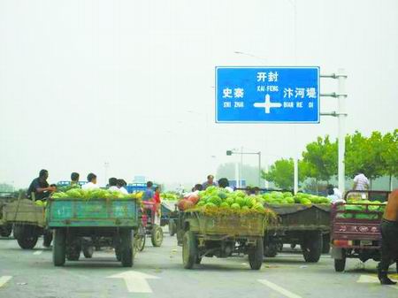 郑开大道瓜车挡道 开封境内汴河堤附近形成的
