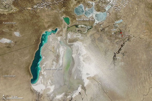 NASA卫星拍到咸海上空沙尘暴真彩色照片(图